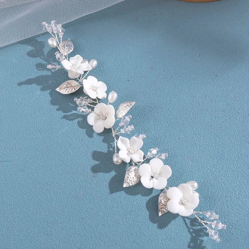 Handmade Weave Wedding Bride Alloy Flower Leaf Shining Fancy Crystal Pearl Hair Bands For Women