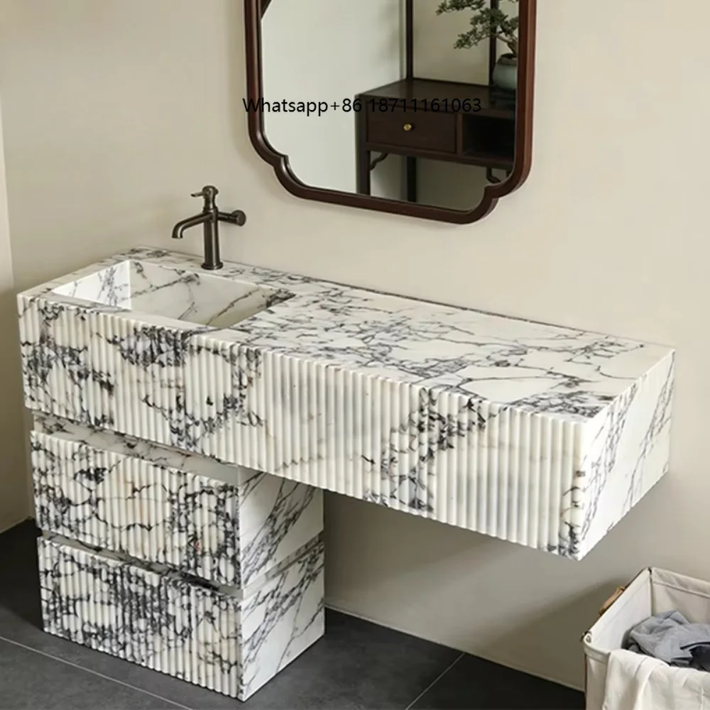 Luxury 100% Natrual Stone Calacatta Viola Marble Bathroom Vanity with Sink and Cabinet for Villa Apartment Bathroom
