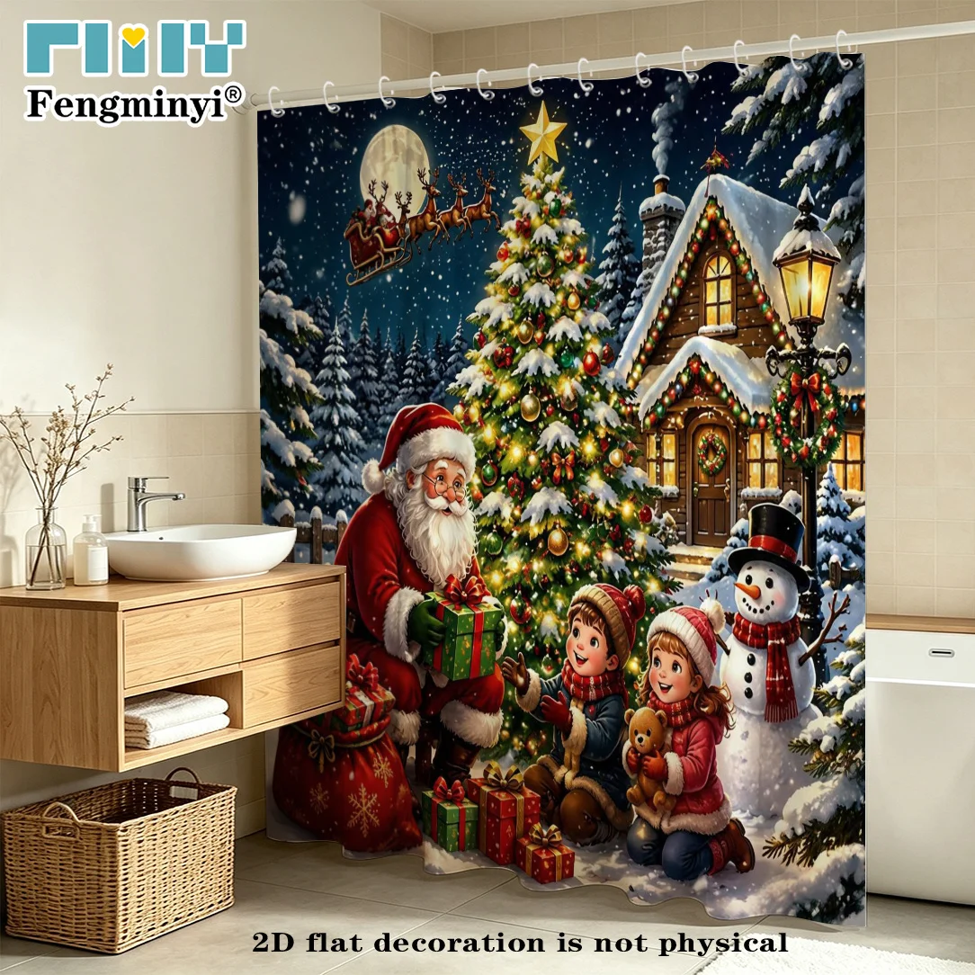 2D Flat, 1pc FENGMINYI Winter Christmas Shower Curtain Suitable for Bath, Snowman Santa Claus & Tree with Hooks, Grommet Top Cur