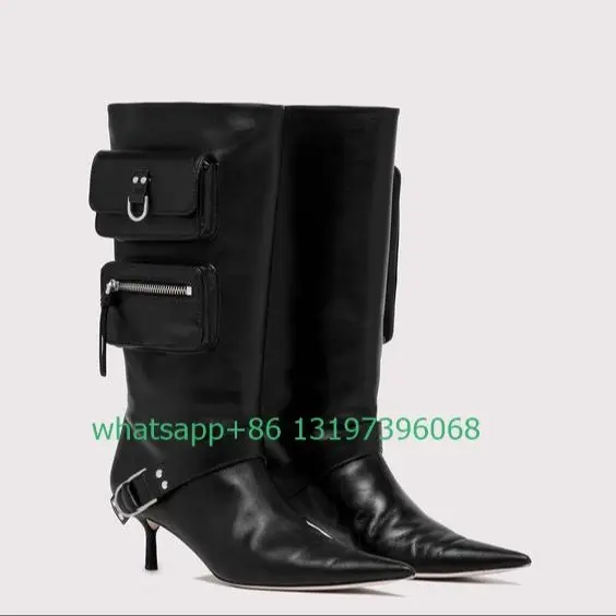 Lady Gothic cowboy pocket decoration design calf boots pointed toe low heel zip buckle strap design punk runway black PU boots