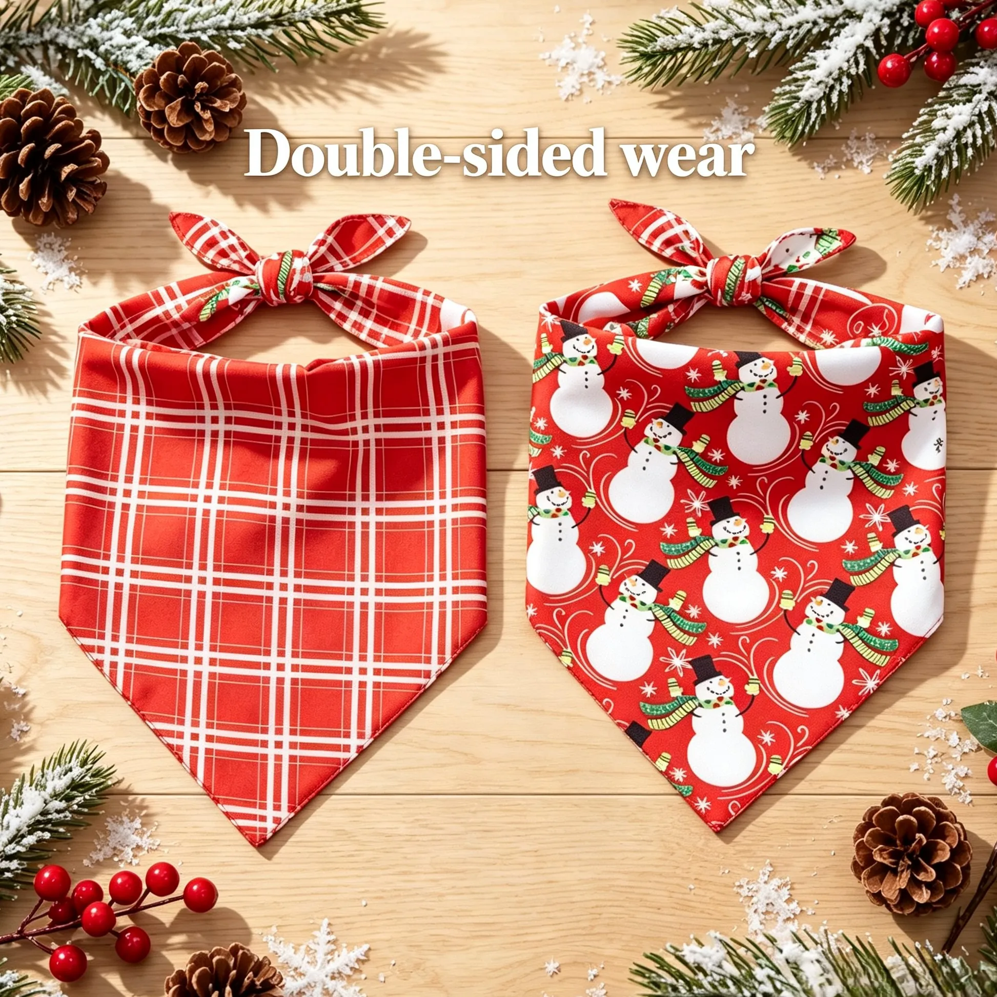1 pet drool towel, double-sided printed dog triangle towel, red checkered snowman pattern reversible pet drool towel