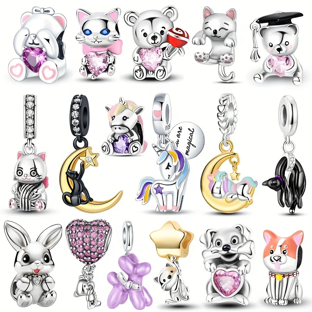 

Real 925 Sterling Silver Pink Rabbit Cat Dog Animal Charms Beads Fit Original Bracelets DIY Birthdaycharms for Jewelry Making