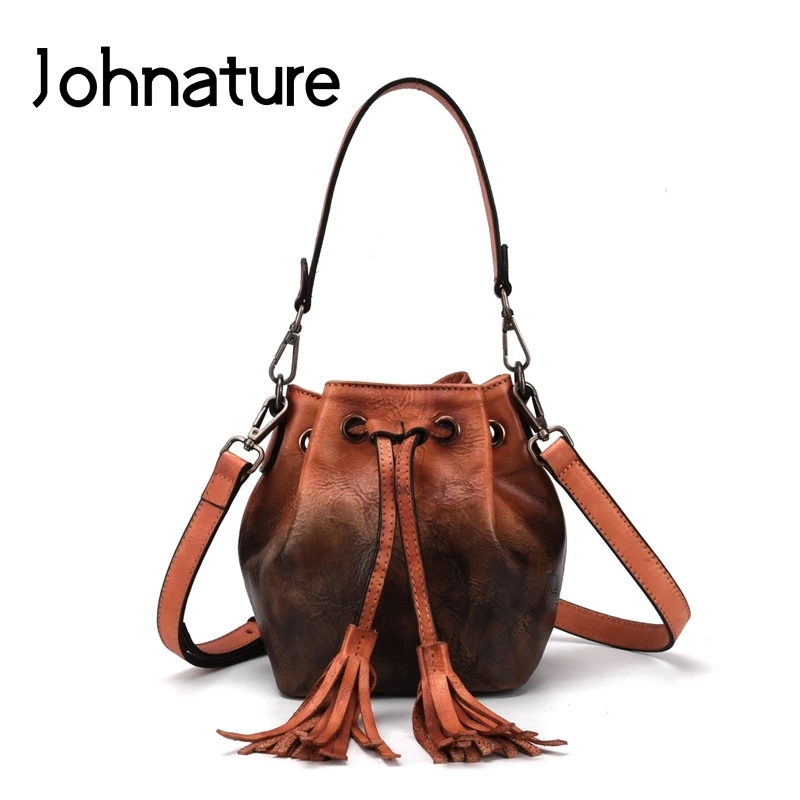 Johnature 2024 New Vintage Cowhide Multifunctional Women Small Bag Fashion Bucket Genuine Leather Tassel Shoulder&crossbody Bags