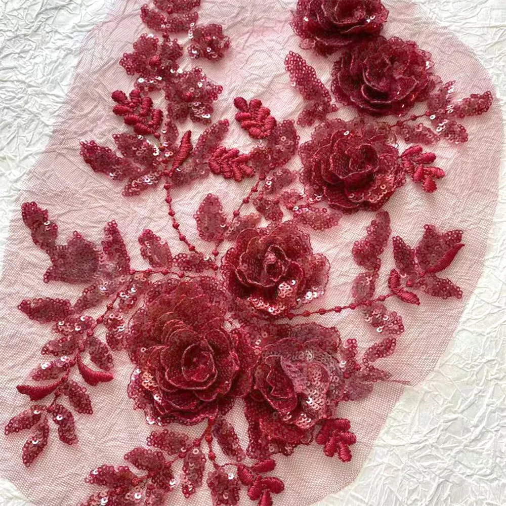 1PC White Sequins Floral Applique 3D Embroidery Rose Flower Patch for Women Bridal Veil Evening Dress Costumes DIY Sew On Decor