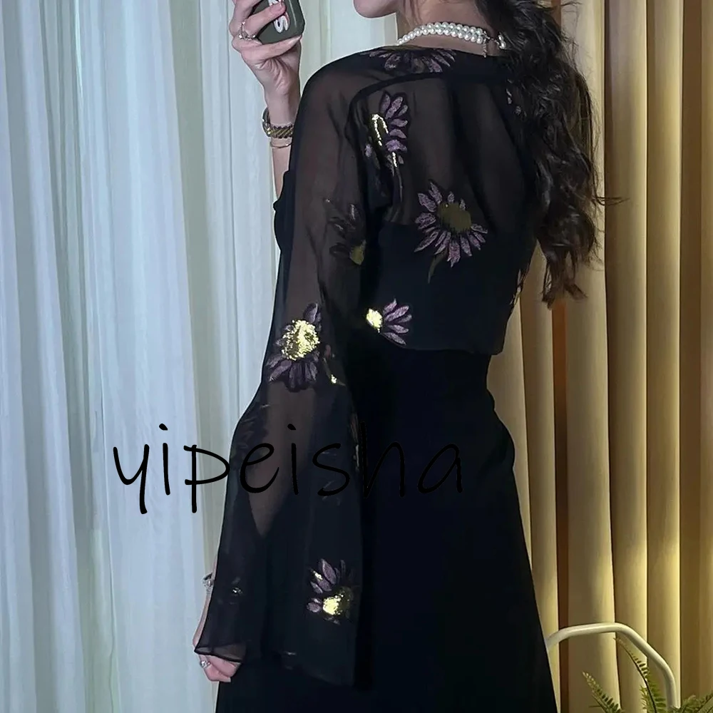 Customized Fashion Sexy Spaghetti Balck Jersey Prom Gown Women Cape two Pieces Backless Floor Length Evening Dresses