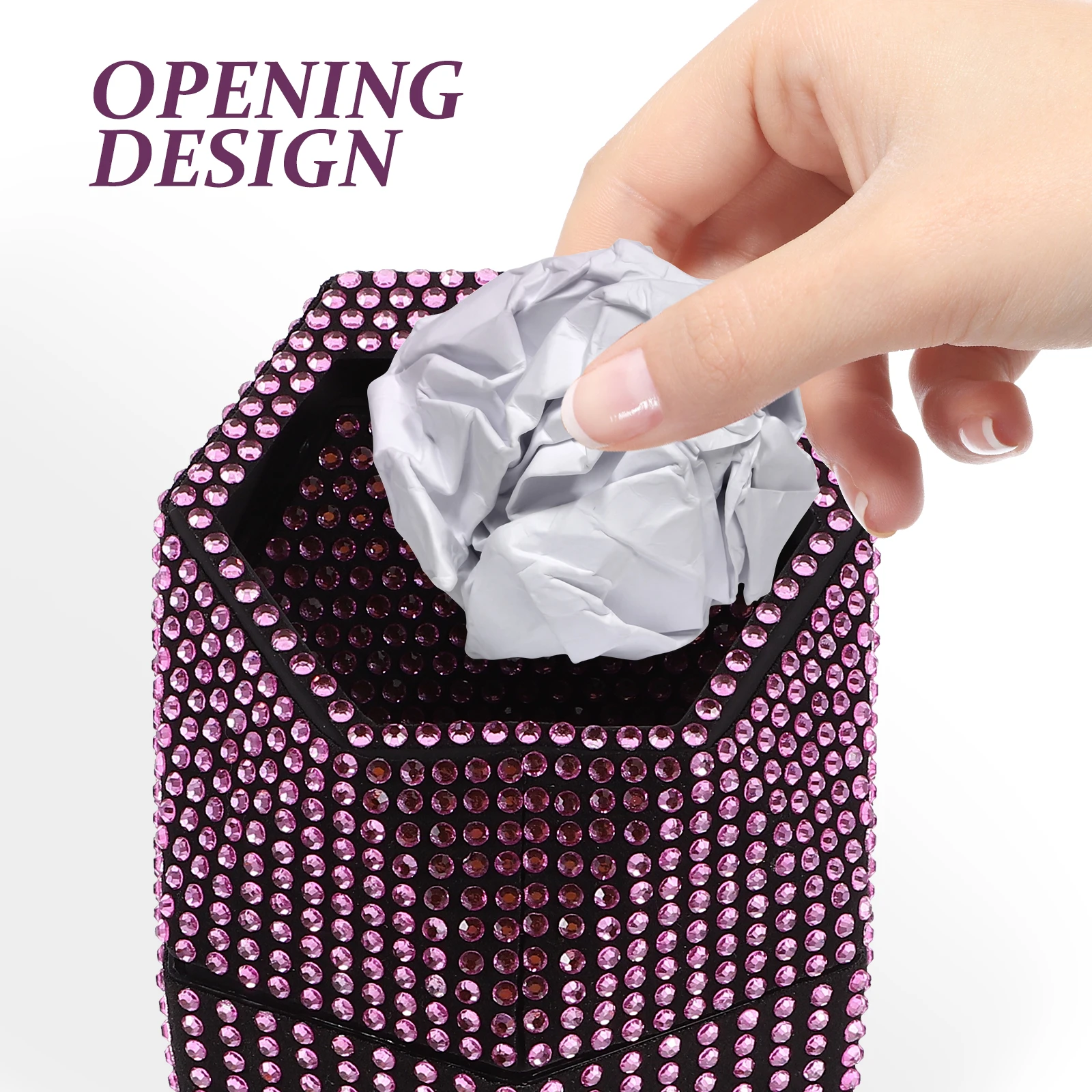 

Trash Can Leakproof Cup Holder Waste Bin for Automotive Vehicle Accessory Rhinestone Inlaid Compact Garbage Can Car Office Multi