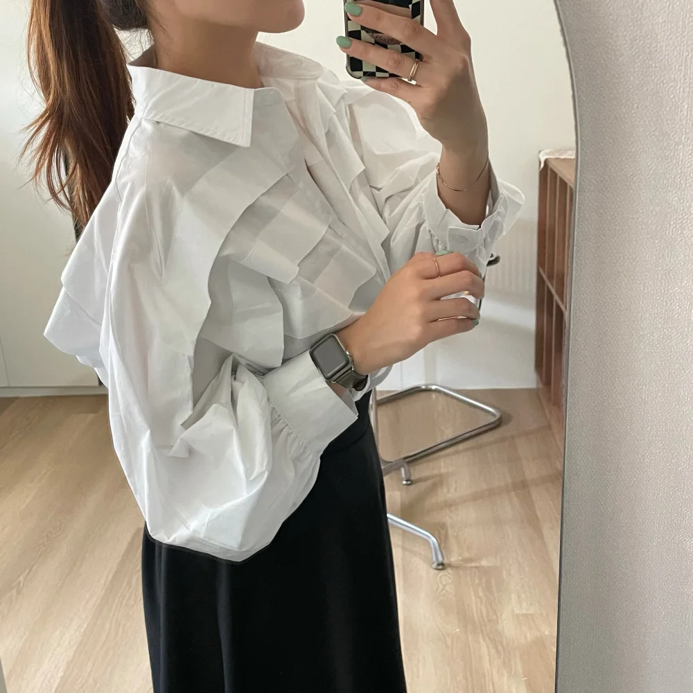 Neploe Simple Korea Chic Commuter Loose Crop Top Solid Lantern Sleeve Elegant Stack Layer Shirt Ruched Minority Casual Blouses