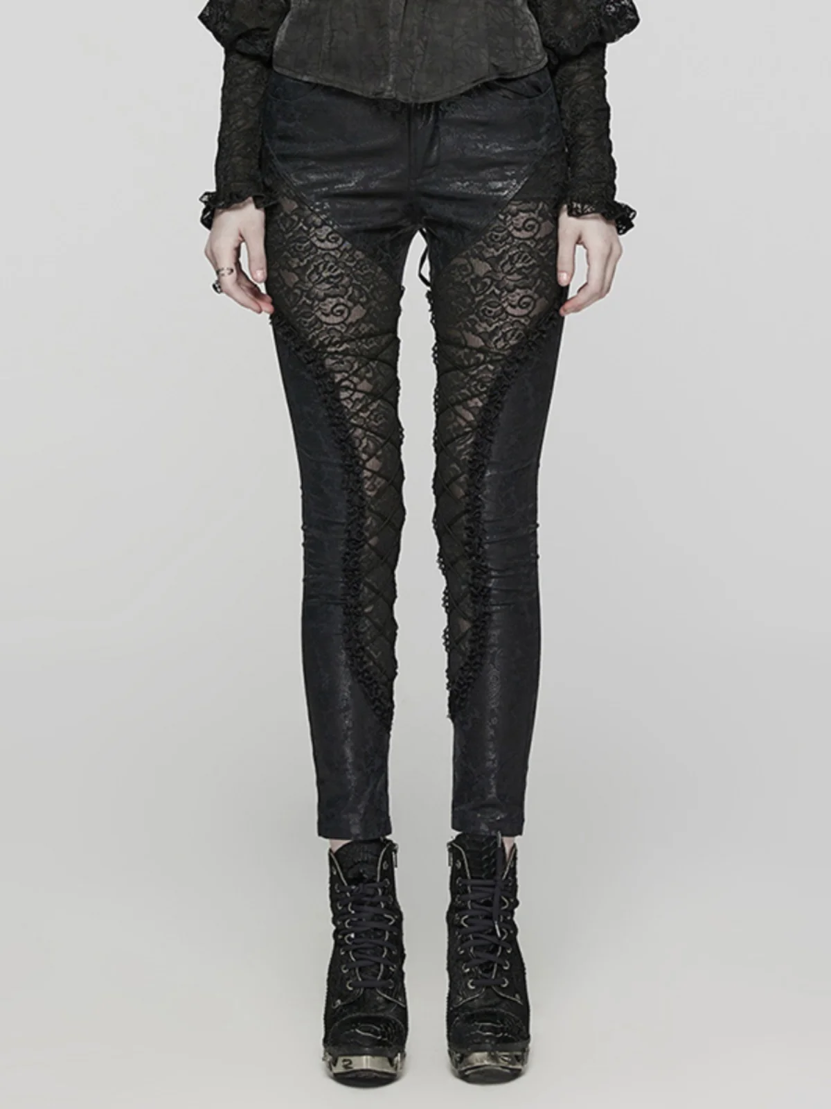 

Gothic Lace Splice Slim Fit Pants Women's Elastic Fitting Trousers Punk Rave Long Pants Fashionable Base Layer Pants