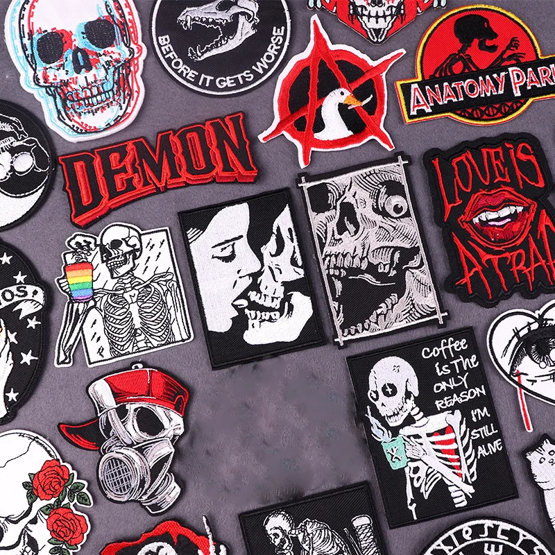 Punk Patch Scary Skull Embroidery/Sewing Patch Iron On Patches For Clothing Skeleton Patches On Clothes Ironing Stickers DIY