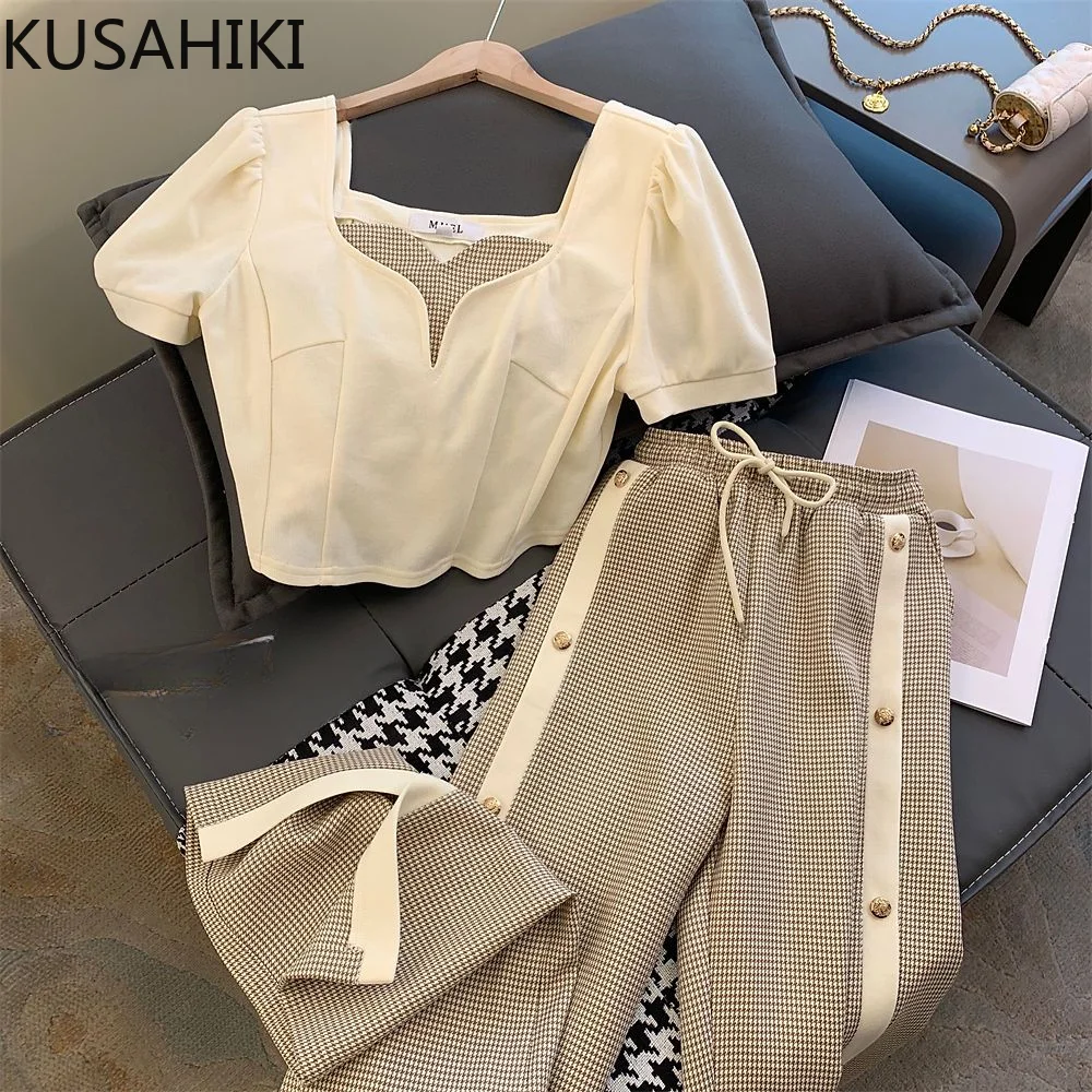 KUSAHIKI 2023 Summer Two Pieces Women Outfits Chic Puff Sleeve Square Collar Crop Tops + Lace Up High Waist Wide Leg Split Pants