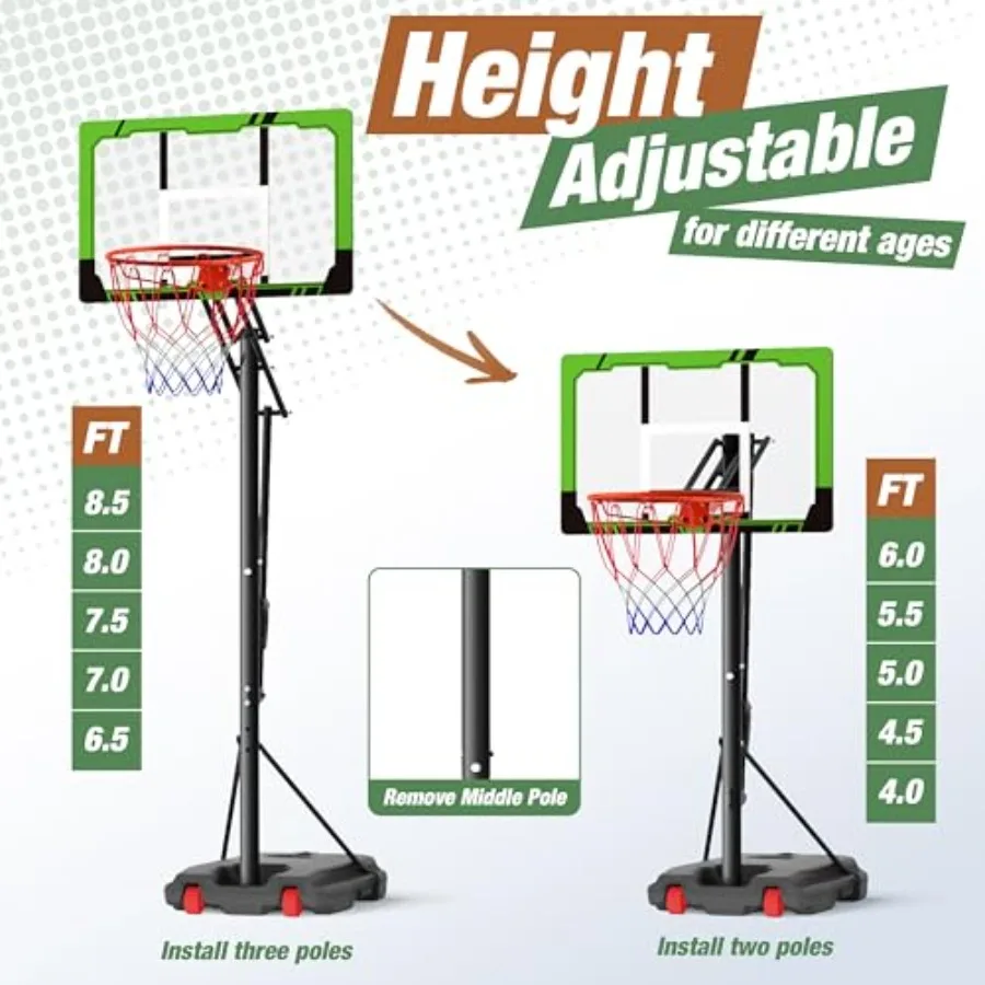 نظام طوق كرة سلة بارتفاع قابل للتعديل للشباب والمراهقين مع 33 لوحة خلفية مقاومة للكسر، هدف كرة سلة خارجي محمول