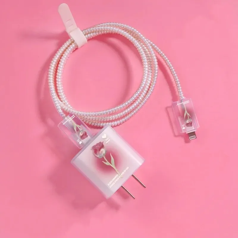 USB Cable Protection For iphone 18W 20W Fast Charger Protector Cover Fashion Gradient Flower Protective Data Line Spiral Winder