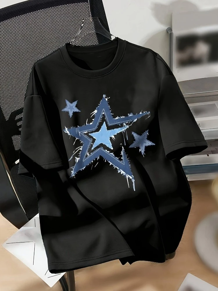 Star-print Drop-shoulder Women's T-shirt, Stylish Short-sleeved Round Neck Casual Top, Suitable for All Seasons.graphic T Shirts