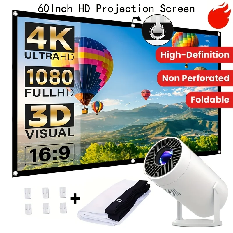 60-inch Portable Projector Screen, 4K HD, Anti-Wrinkle, Foldable, 16:9 for Home Cinema/Laptop/Game/Office/Party