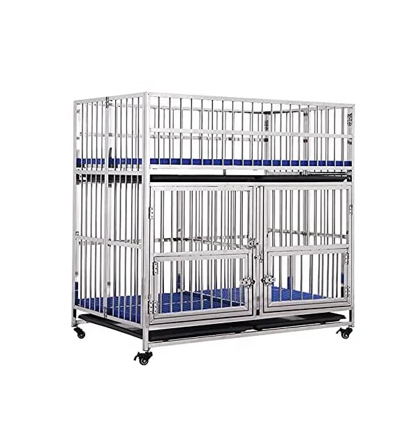 Double-Deck Heavy Duty Stainless Steel Dog Cage Kennel Crate with Divider 4 Lockable Wheels Double Doors and Removable Tray