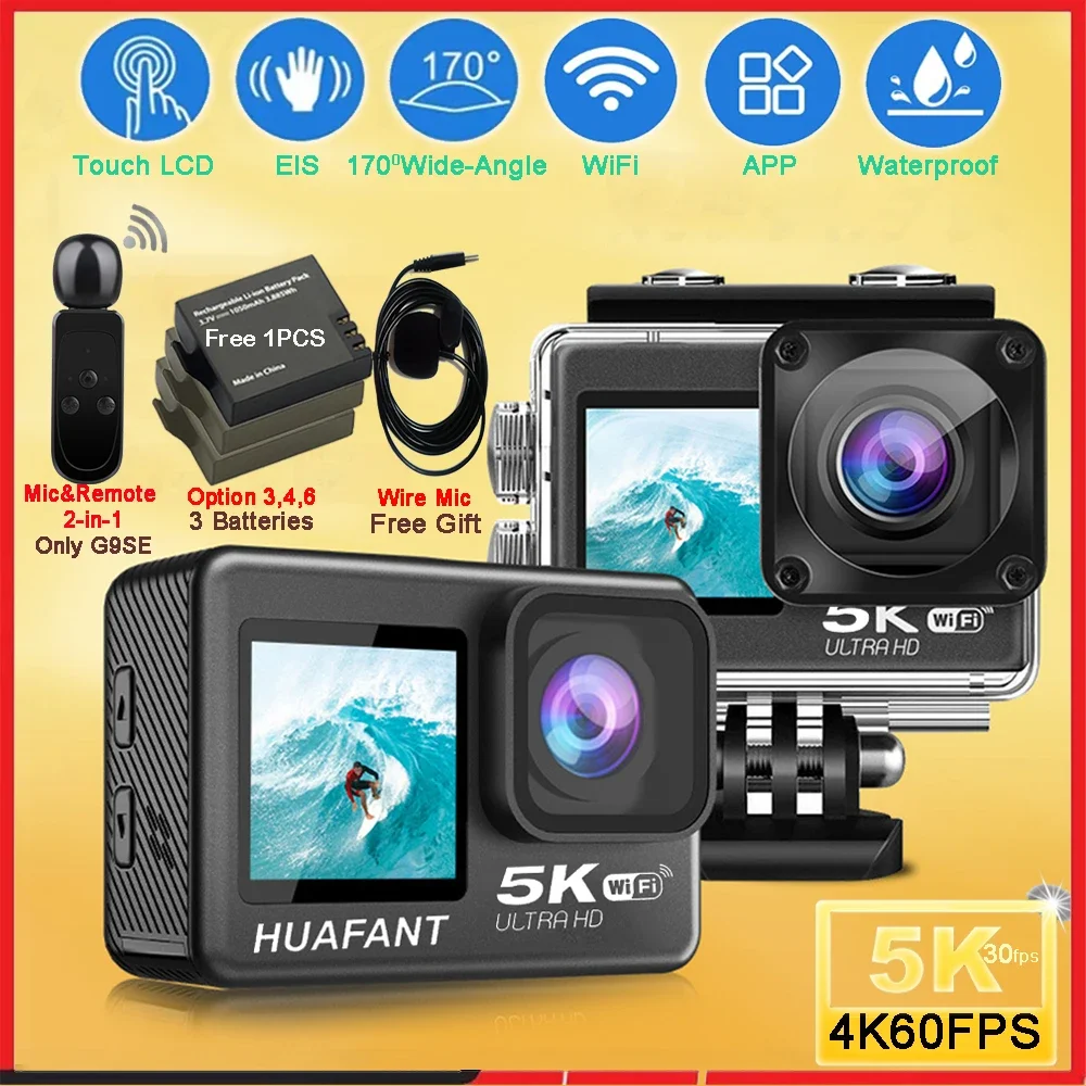 

G9S Action Camera 5K30FPS 4K60FPS 50MP 2.0 Touch LCD EIS Dual Screen Wi-Fi 170D DVR Webcam Waterproof 30M 5X Zoom Sports Camera