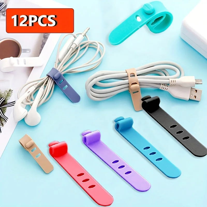 12pcs Silicone Cable Straps, Adjustable Multicolor Cord Organizer Ties, Reusable Earphone USB Charging Cable Management Clips