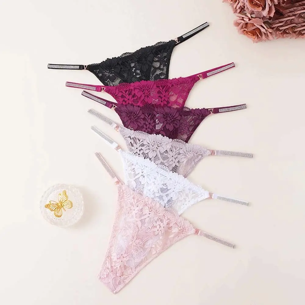 

Soft Zircon Crystal Lace Flower Panties Low-waisted Underpants Women's Briefs Lingerie Underwear Rhinestone Belt Thong Women