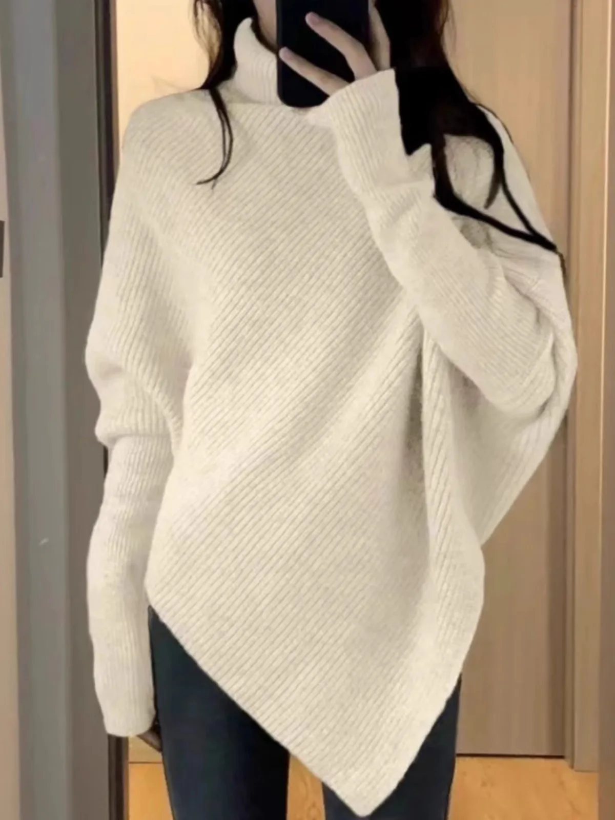 A sense of design! Turtleneck pure cashmere sweater women's irregular slouchy loose sweater with thick wool knit top