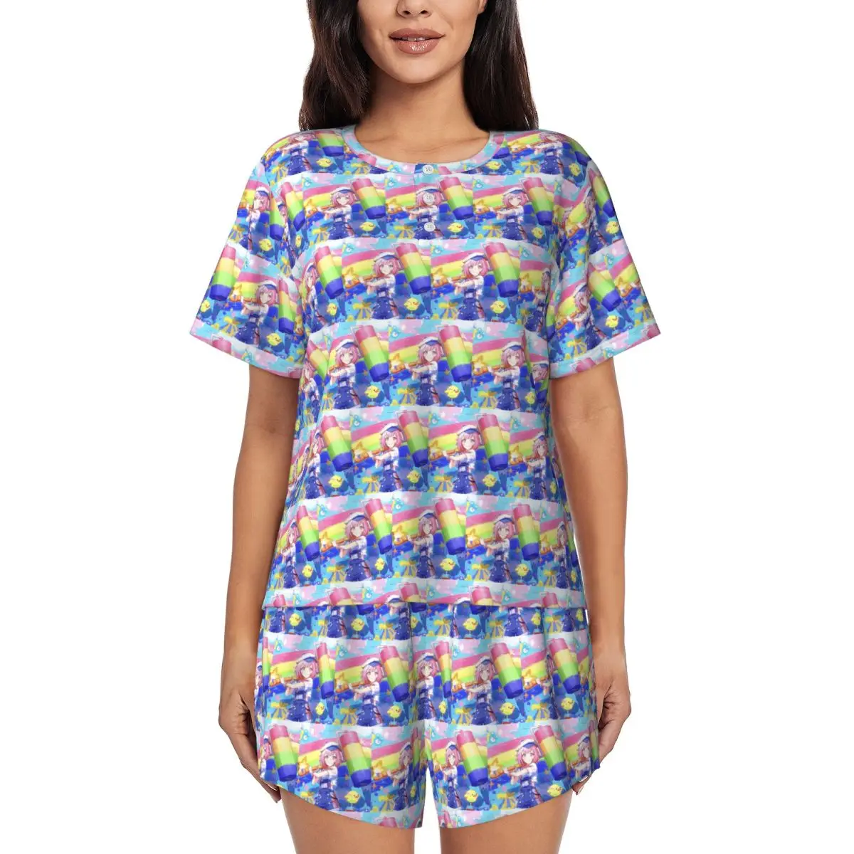 

Emu Otori Wonderhoy Stamp Round Neck Short Sleeve Nightgowns for Sleeping Sleepshirts Women Soft Pajama Set Short Pants