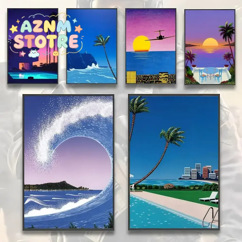 1pcs(No frame)Hiroshi Nagai Vaporwave Japan Beach Painting Calligraphy HD Canvas Poster living room bedroom bar aesthetic dec