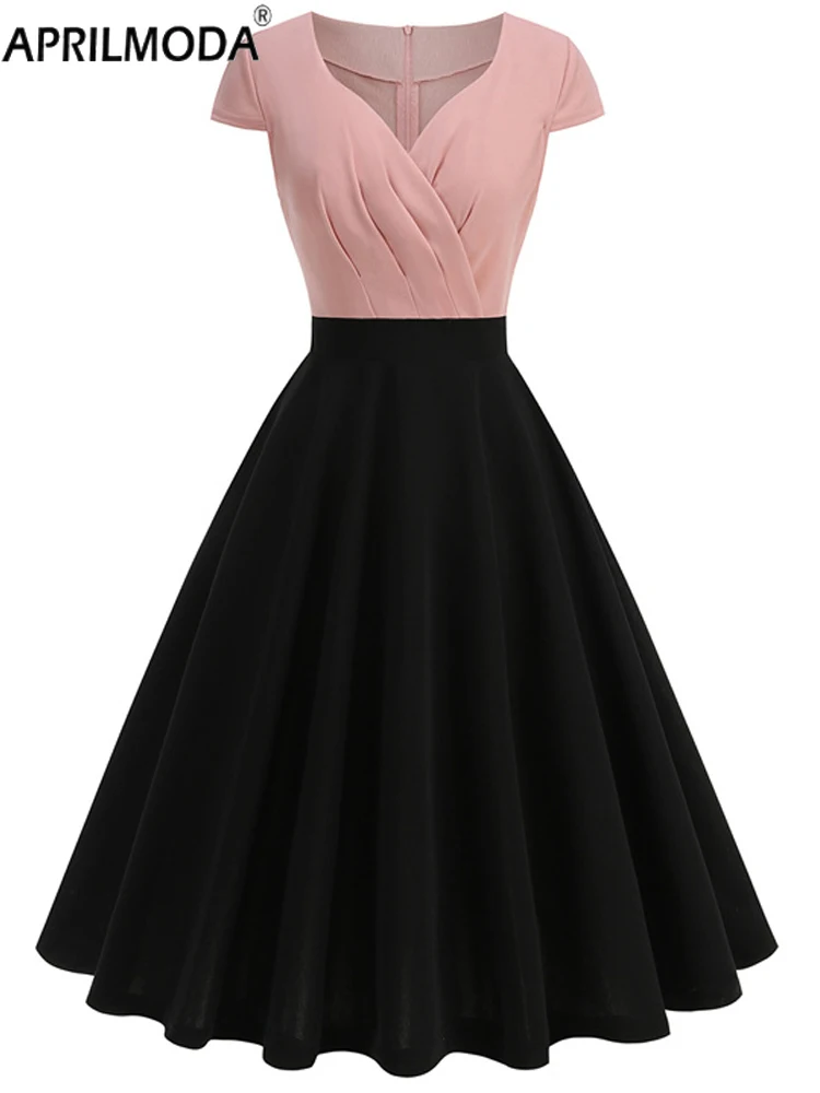 Patchwork Solid Vintage Summer Casual Dress 1950s Elegant Black Red Pink Birthday Dresses for Women