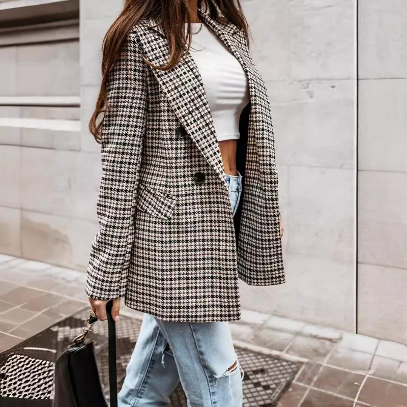 Women's Tailored Coat Double Breasted Lapel Printed Checkered Jacket Autumn Winter New Fashionable Versatile Female Clothing