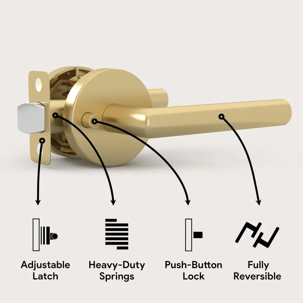 Heavy Duty Reversible Gold Interior Door Handles - 3 Pack Privacy Bed & Bath Door Hardware for Secure Access