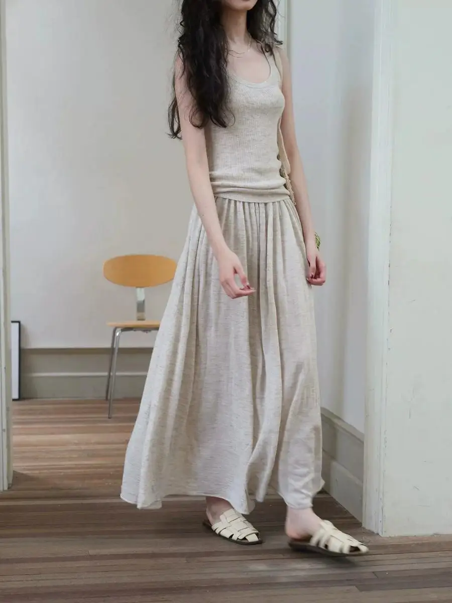 

Loose Fit Sleeveless Vest And Long Skirt Set Casual High Waist Cotton Blend Summer Fashion plus Size Women's Outfit