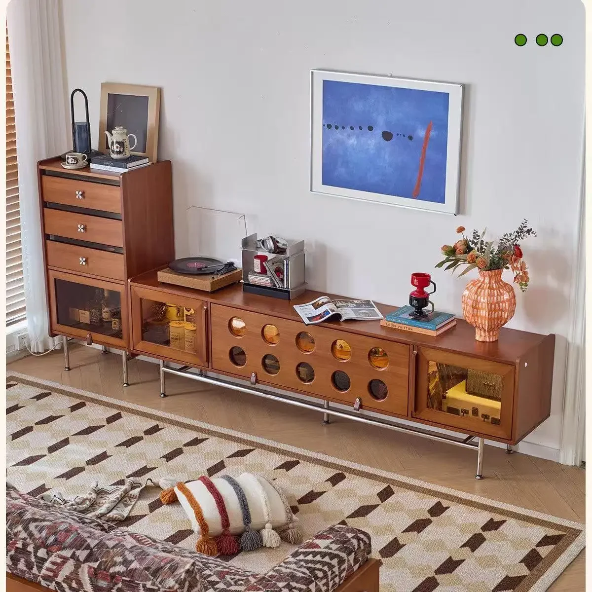 Solid wood TV cabinet, living room against the wall audio-visual cabinet, household simple retro storage locker