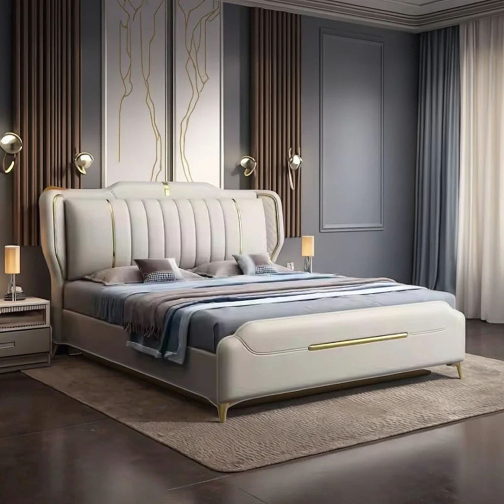 

2025 Light Luxury Italian Nappa Leather Bed Queen/King Size Simple Soft Modern Design for Home Hotel Bedroom Furniture Wooden