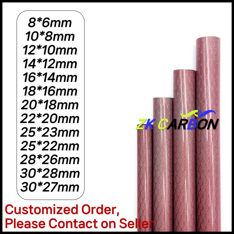 Rose Pink Colored Carbon Fiber Tube 500mm for RC Airplane Parts Glossy Hexagonal Weave Glossy Surface OD 14mm 20mm 28mm 30mm