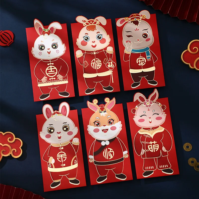 Randomly 12 Pieces Of 2023 New Cartoon Cute Chinese New Year Rabbit Red Envelope New Year Spring Festival Personality Creativity
