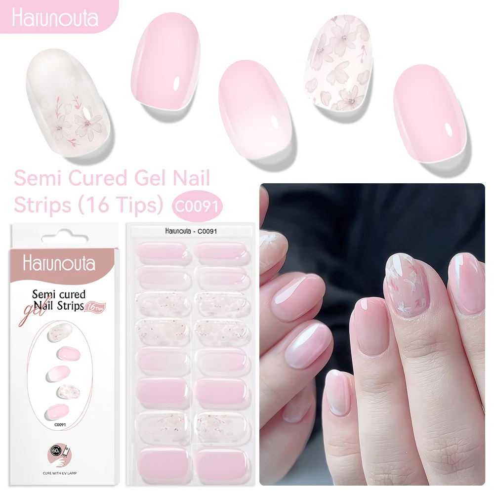 Harunouta 16 Streifen, Farbverlauf, roter Marmor, Goldlinie, halbgehärtete Gel-Nagelstreifen, DIY-Gel-Nagellack-Aufkleber für Nägel, Arbeit mit UV/LED
