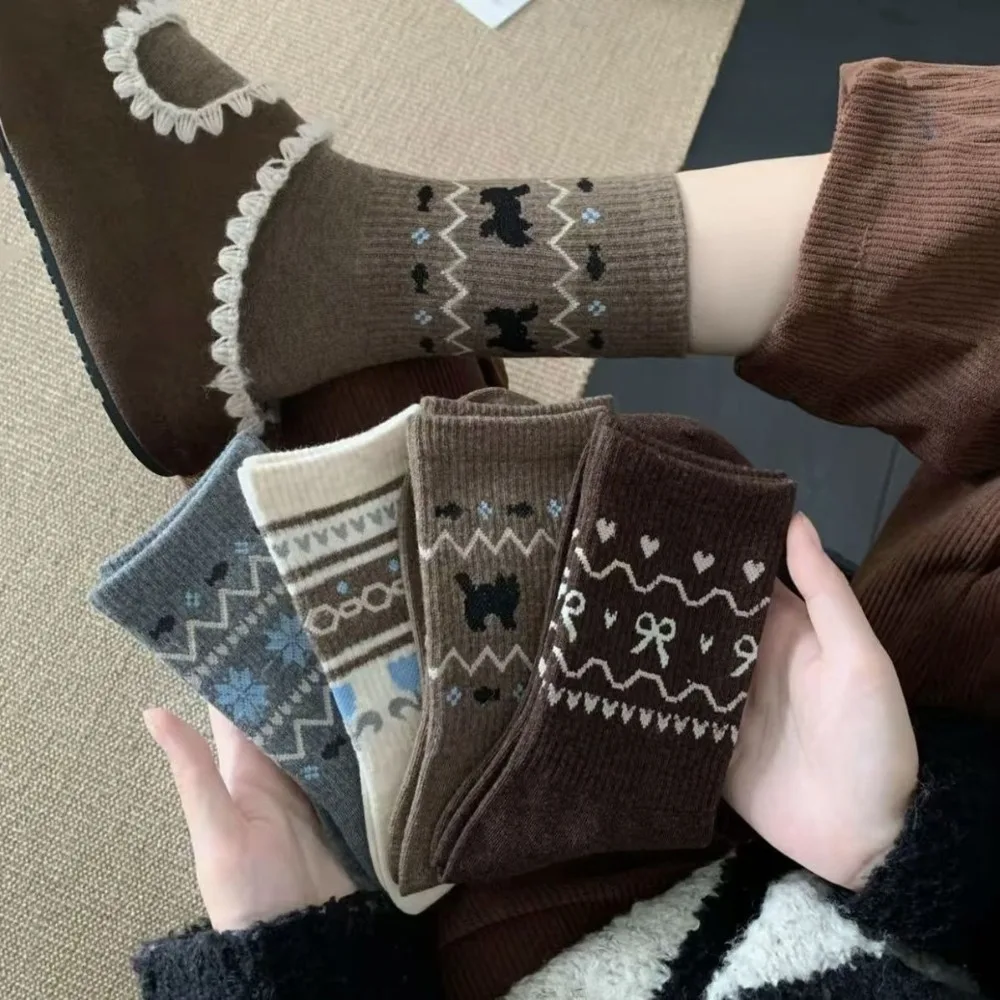 Autumn Winter Women's Medium Tube Socks New Retro Fair Island Style Socks Ethnic Style Versatile Kawaii Women Trendy Socks
