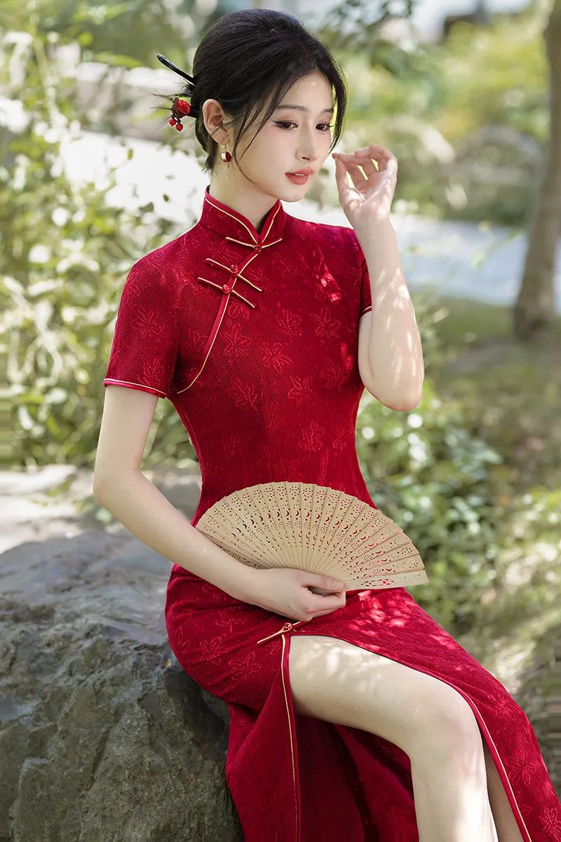 

Sexy Lace Cheongsams Dress Women Long Evening Party Qipao Elegant Vestidos Femme Mujer Red Chinese Tradition Wedding Dress Gown