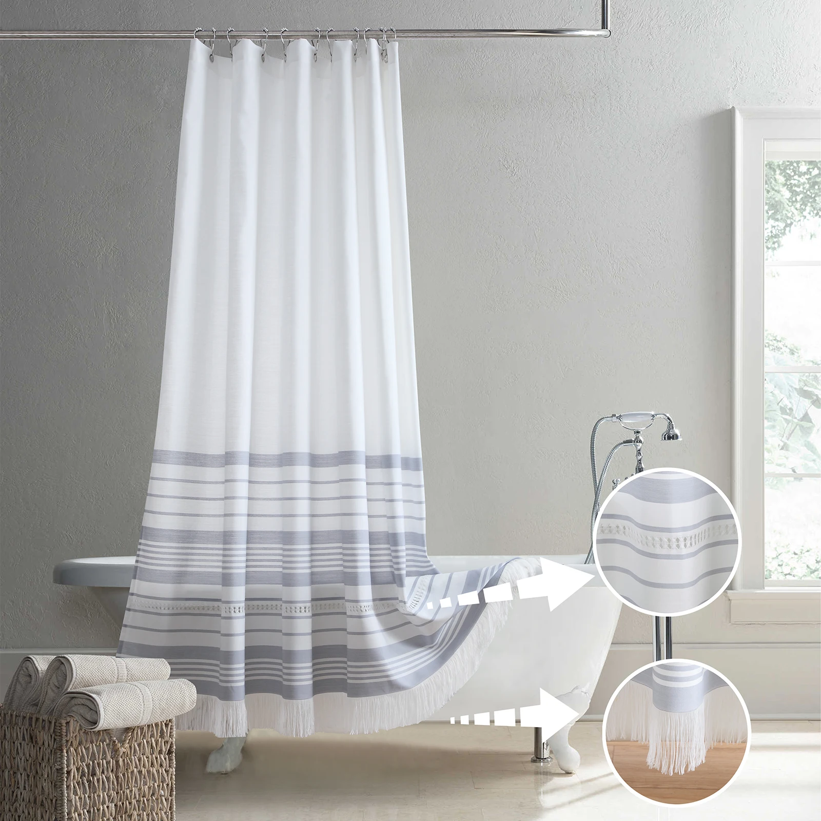 Aviel Gray Yarn Dyed Polyester Jacquard Striped Waterproof Hand-woven Drawwork Embroidery Fringe Boho Farmhouse Shower Curtain