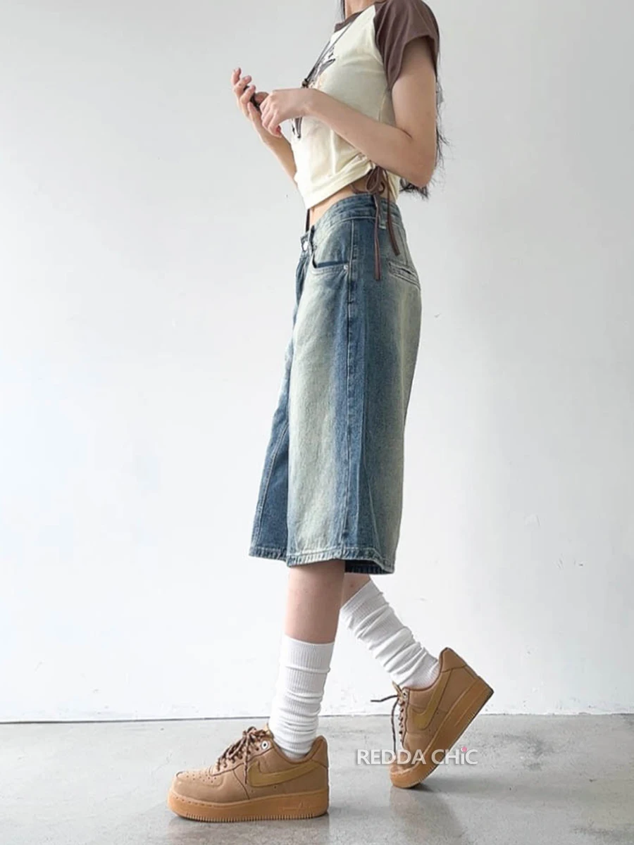 ReddaChic Vintage Blue Gradient Denim Shorts Women High Rise Wide Leg Casual Pants Baggy Jorts Unisex Trousers Y2k Streetwear