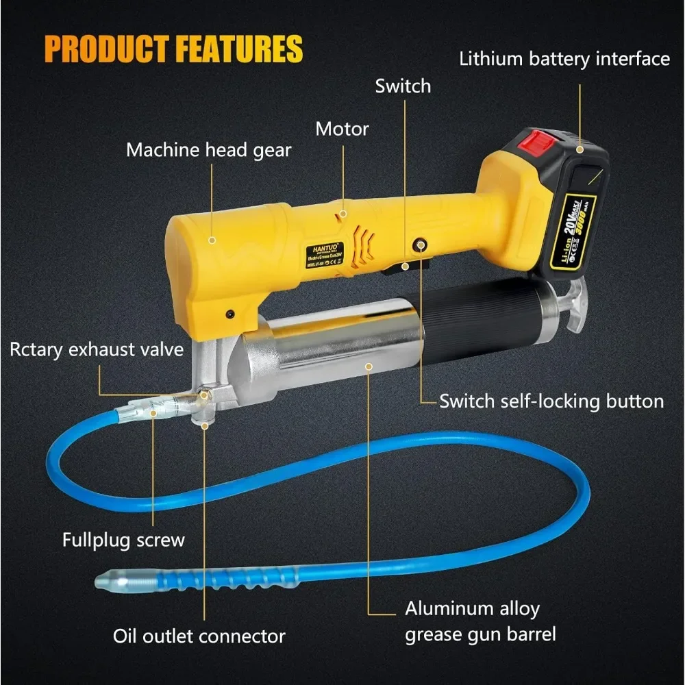 20V Cordless Grease Gun, Electric Grease Gun Professional High Pressure 10000 PSI Cordless Grease Guns, Inclued 2 Batteries