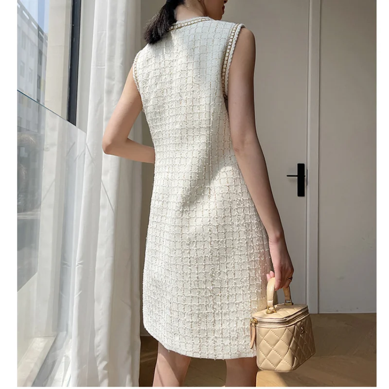 High Quality White Grid Sleeveless Tweed Dress Women Summer Korea Elegant Small Fragrant Simple Loose Office Ladies Vest Dresses