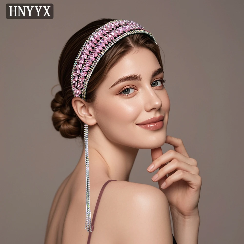 HNYYX Crystal Headbands Boho Hair Hoop Luxurious Rhinestones Sponge Hairbands Women Hair Accessories Pink Wide Headdress A239