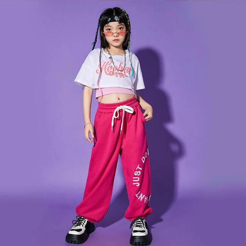 Kids Kpop Hip Hop Clothing Crop Top Short Sleeve T Shirt Tee Streetwear Sweat Pants For Teenage Girl Jazz Dance Costume Clothes