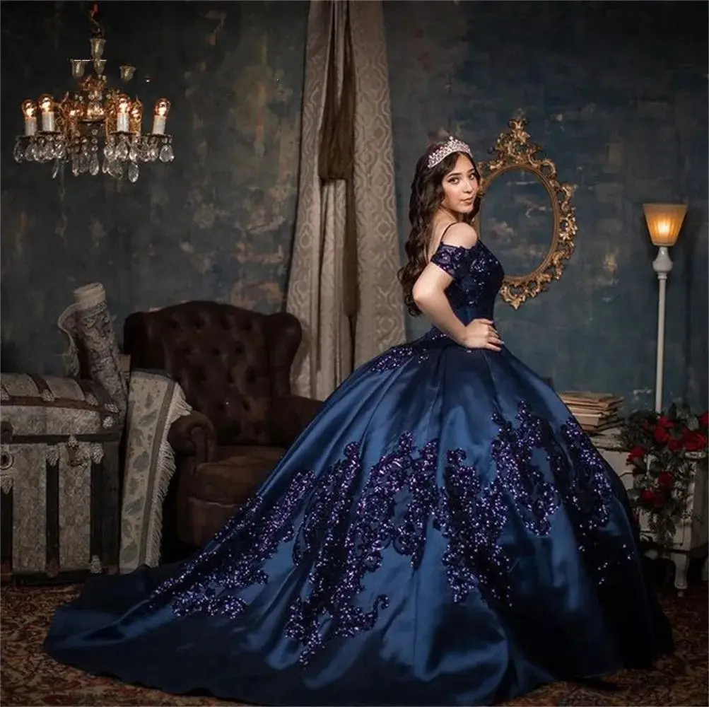 Lorencia Navy Blue Quinceanera Dress Ball Gown Shiny Lace Applique Beading Corset Sweet 16 15 Birthday Party Gowns Robe YQD342