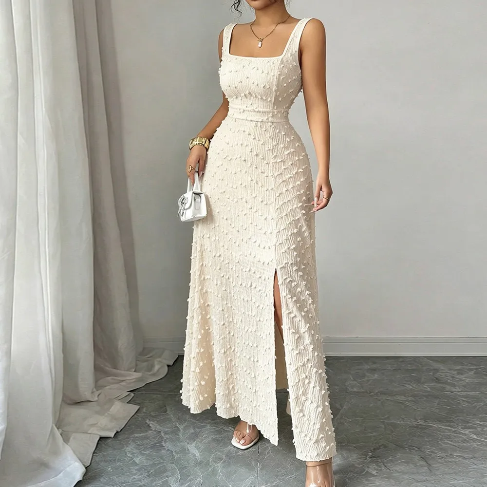 Slit Square Neck Gown High Waist Office Chic with Off Shoulder Pullover Sleeveless Elegant Ladylike Long Dress Summer for Women