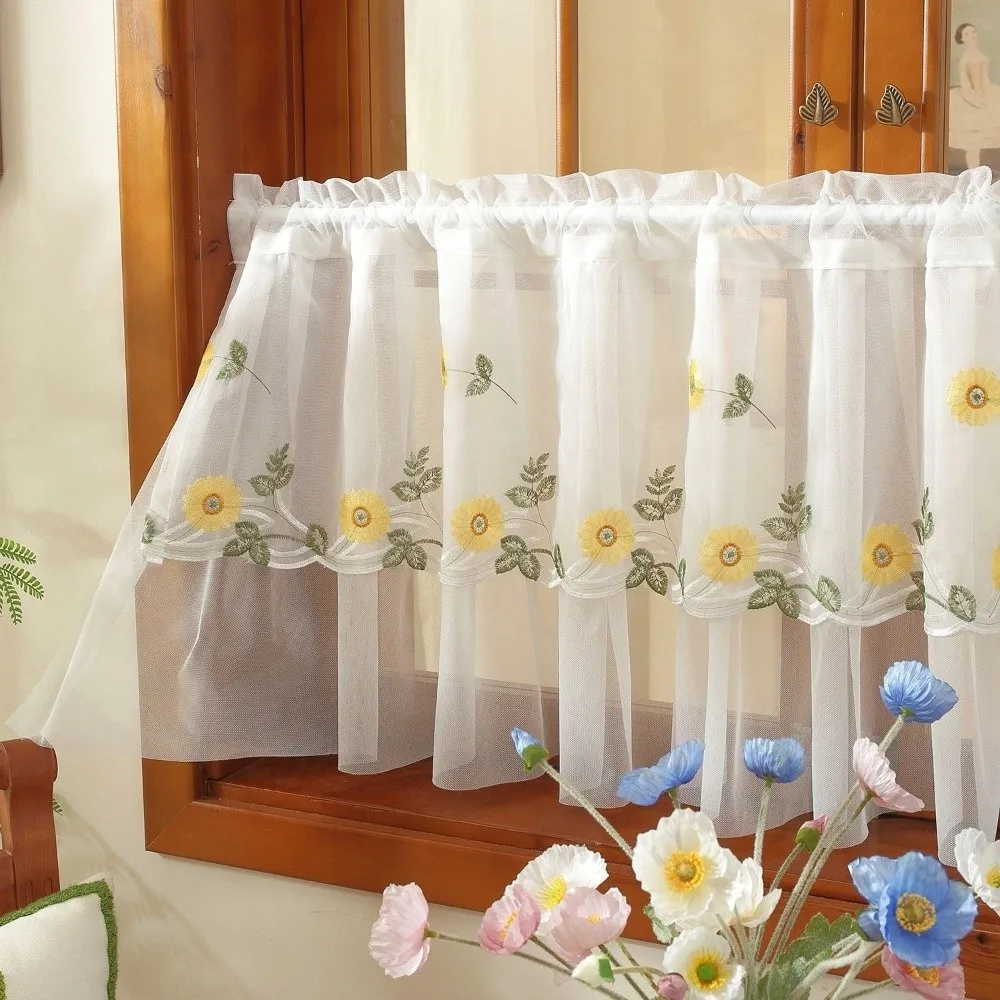 Pastoral Style Floral Lace Curtains Lace Trim Sheer Voile Cafe Curtains Light Blocking Dust-Proof Embroidered Curtains