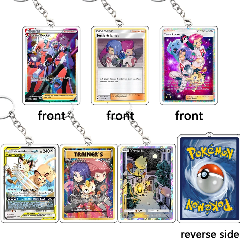 

Team Rocket Keyring Meowth PTCG Card Acrylic Cosplay Game Props Jessie DIY Acrylic Keychain Portable James Decoration Boy Gift
