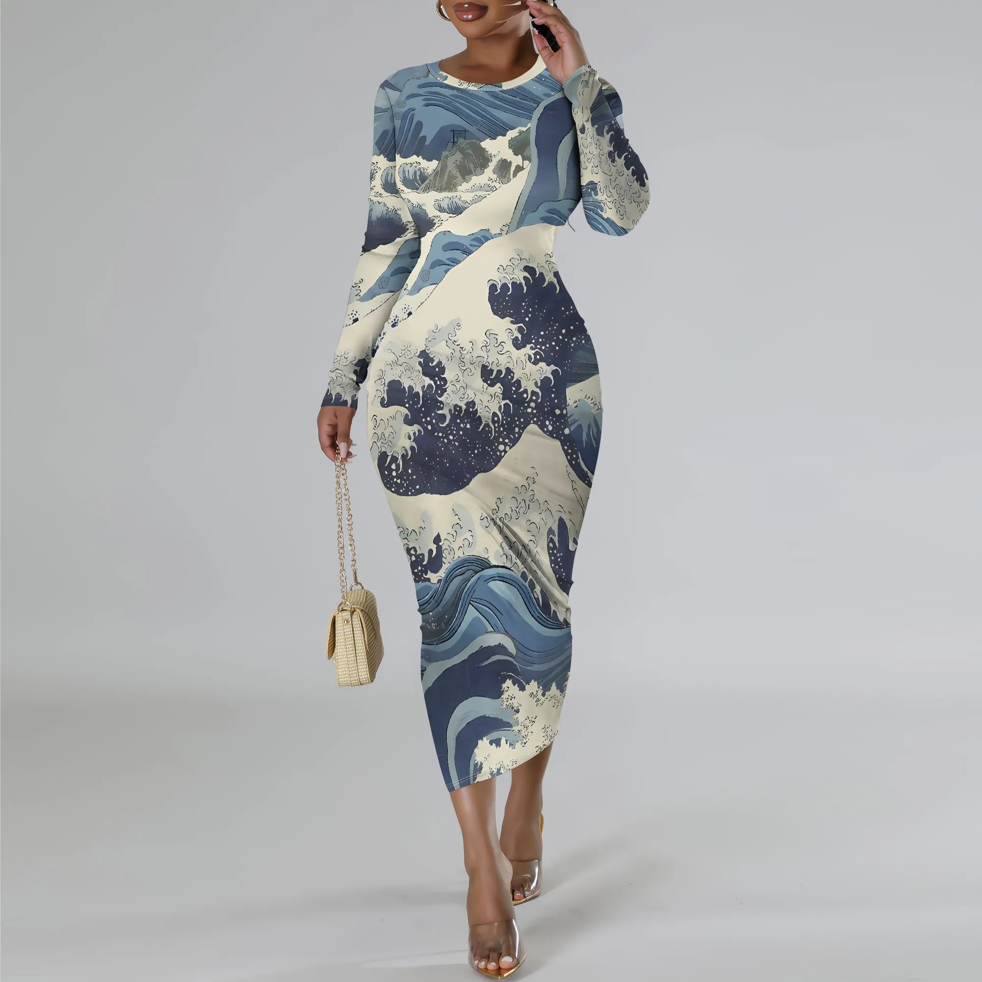 

EQQZD Long Sleeve Round Neck Bodycon Dresses for Women, Elegant Japanese Art Pattern Print Midi Dress