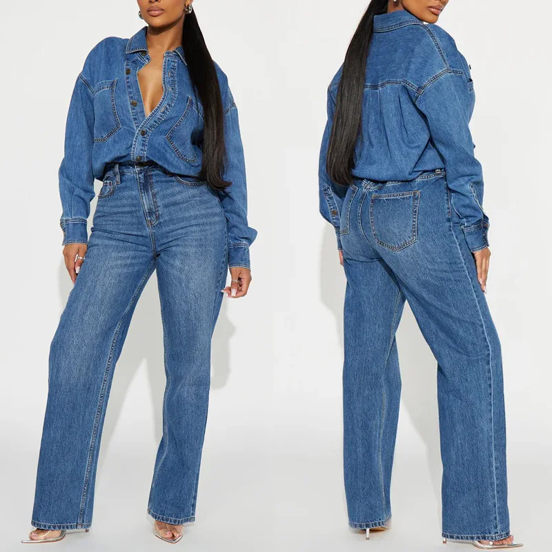 

Women Denim Jumpsuits Solid Rompers Button Turn Down Collar Pocket Cinched Waist Full Length Straight Pants Slim Fit 2025 Autumn