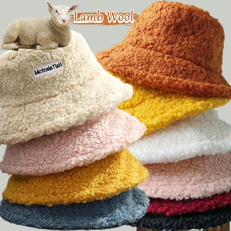 Christmas Lamb Wool Bucket Hat Winter Warm Hats For Women Lady Thicken Flat Top Cap Unisex Men Panama Outdoor Fisherman Hat Caps