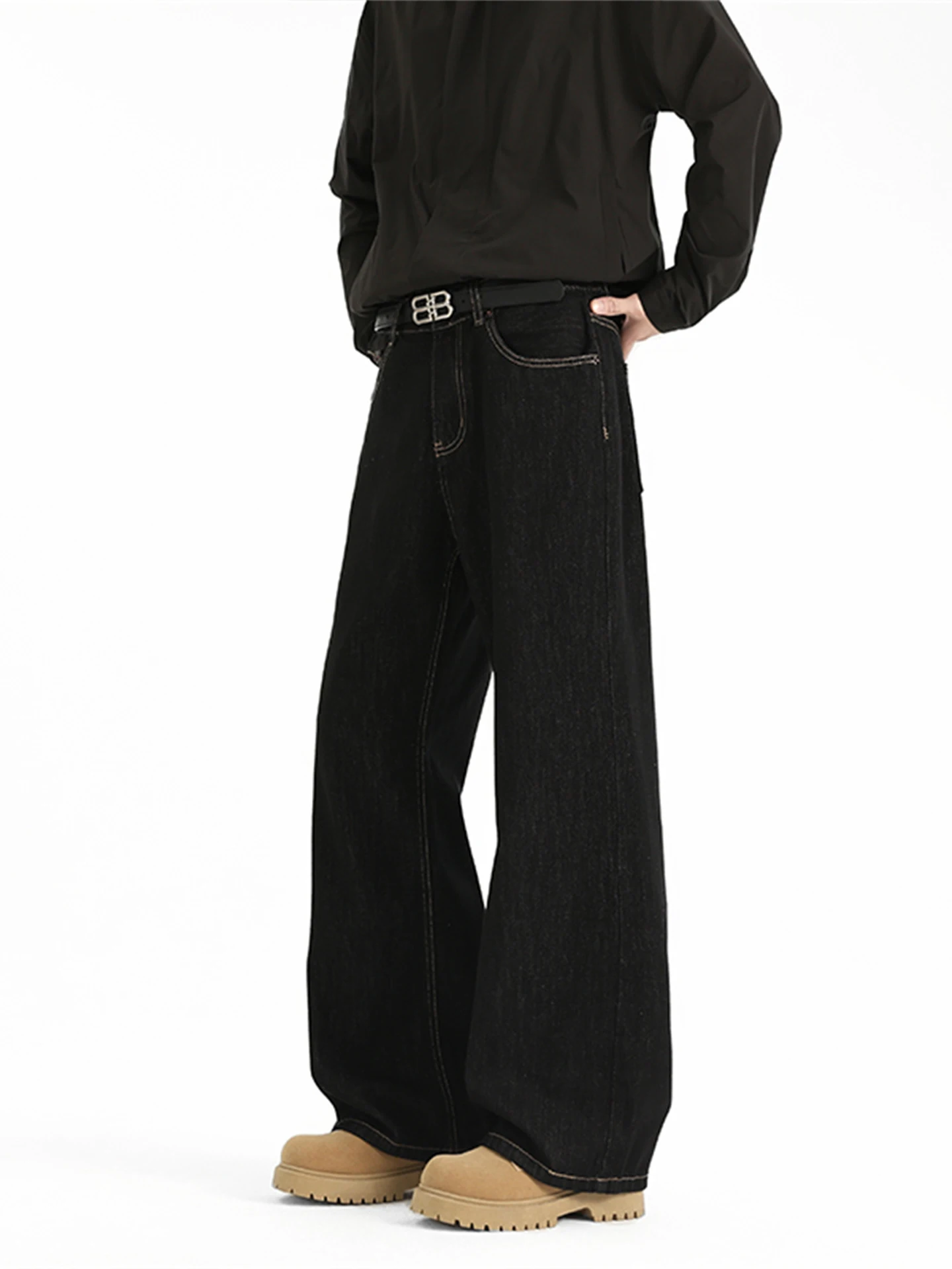 

American Retro Original Color Denim Men's Jeans Autumn Winter Drape Wide Leg Straight Loose Knife Flared Pants Cotton Blend